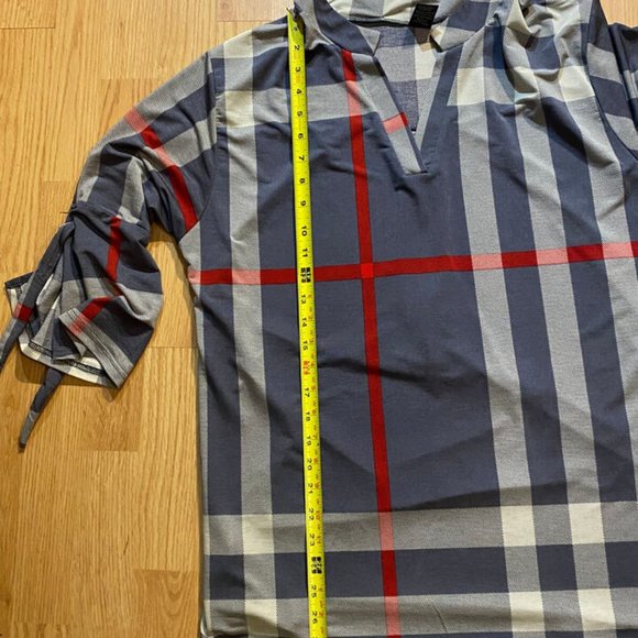 LILDY Womens L-XL Gray Red Line Plaid Pullover Blouse Shirt w/Bell Sleeves - Picture 10 of 14